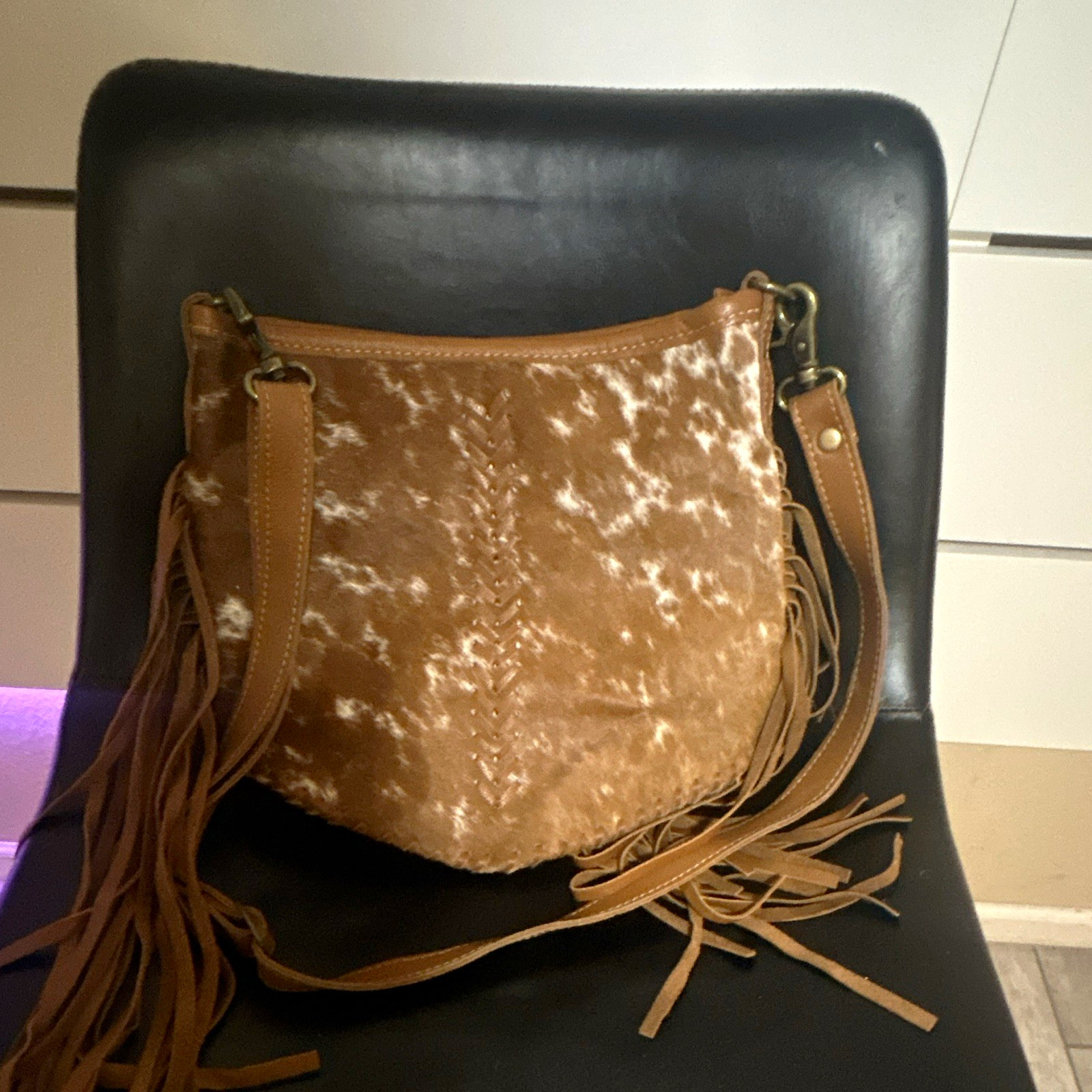 Brown Fringe Crossbody Bag Zip Closure Adjustable Strap Stitching Accents