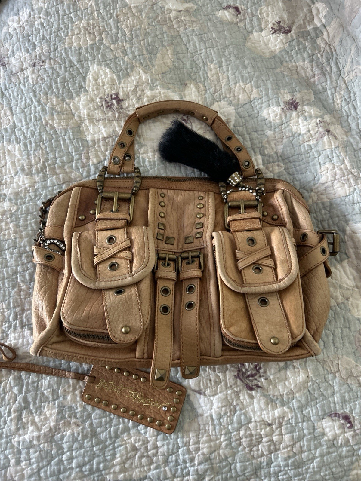 Betsey Johnson RARE Tan Leather Studded Buckle Bag Leopard Interior Vtg Purse