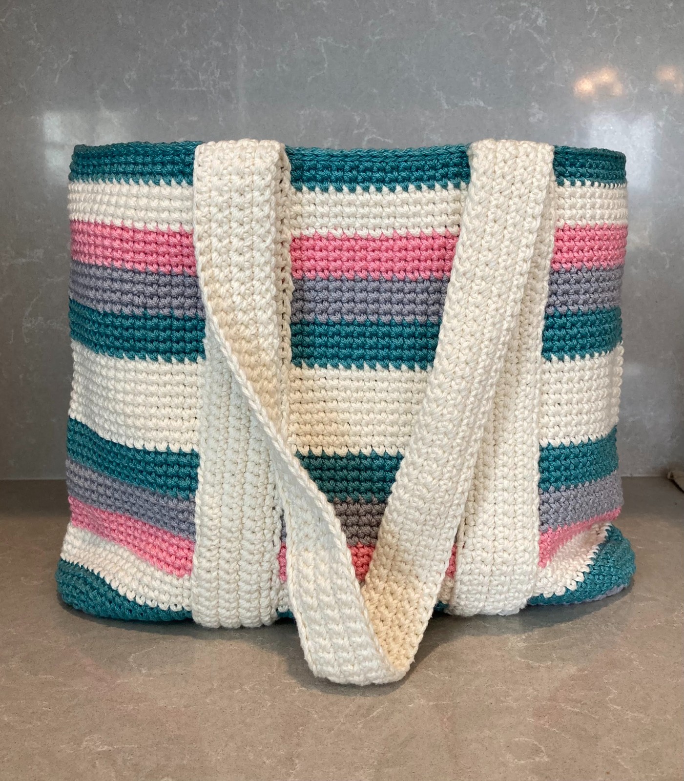 Handmade Crochet Tote Bag – 14 in x 9.5 in – Striped Design