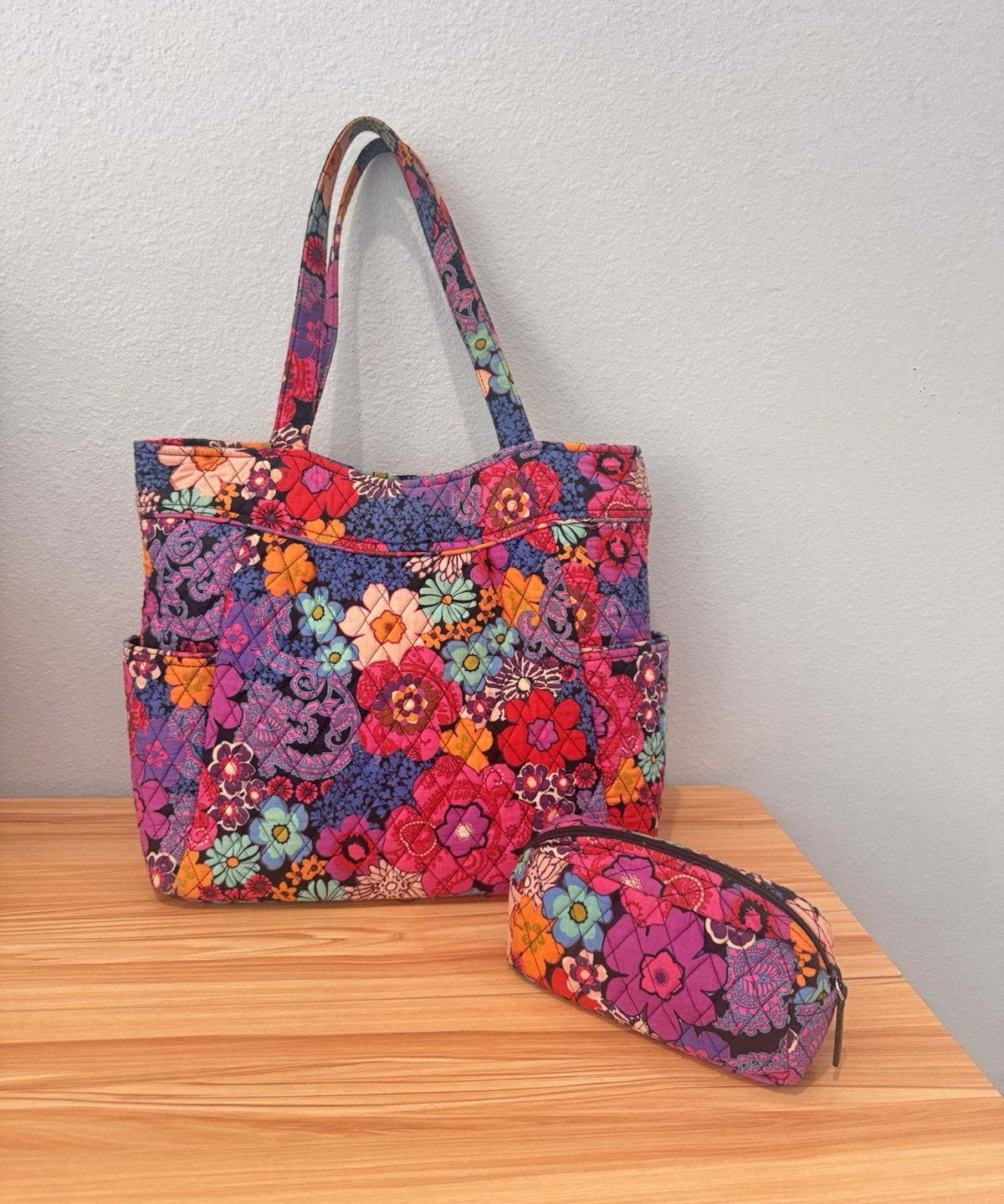 Women’s Multicolor Floral Quilted Tote Bag, Zip Closure, Pouch, Pockets