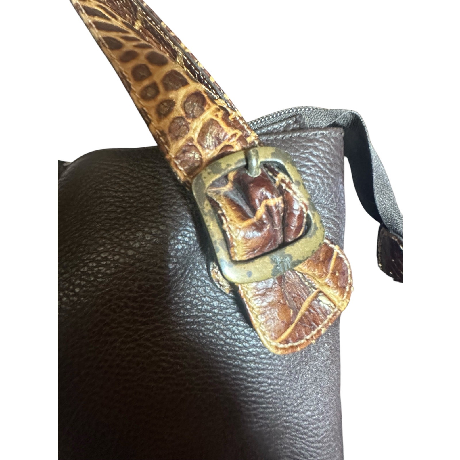 Petusco leather made in Spain Shoulder Bag tote brown w/ croc handles buckle