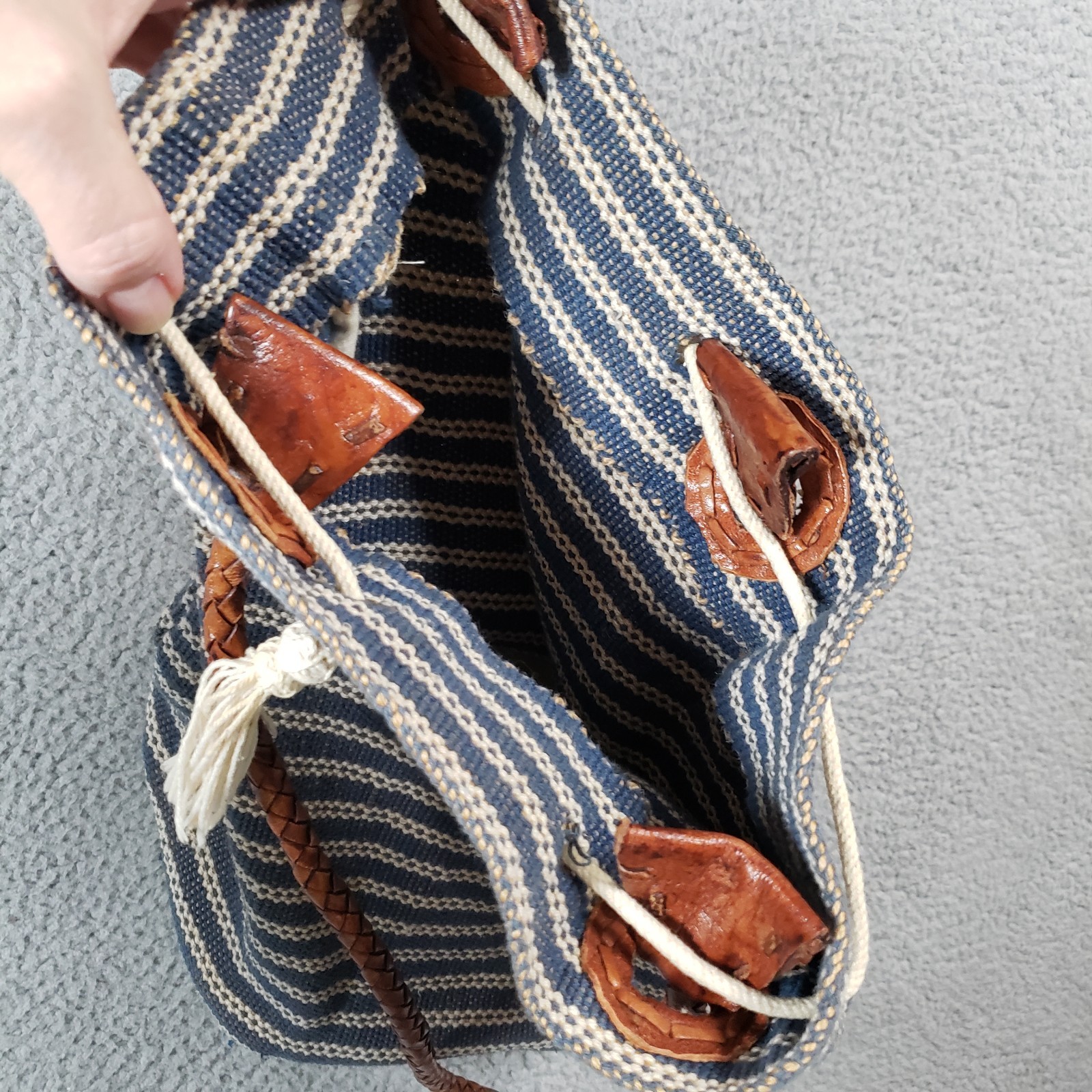 Boho Drawstring Bucket Shoulder Bag Striped Cotton Jute Braided Leather Beach