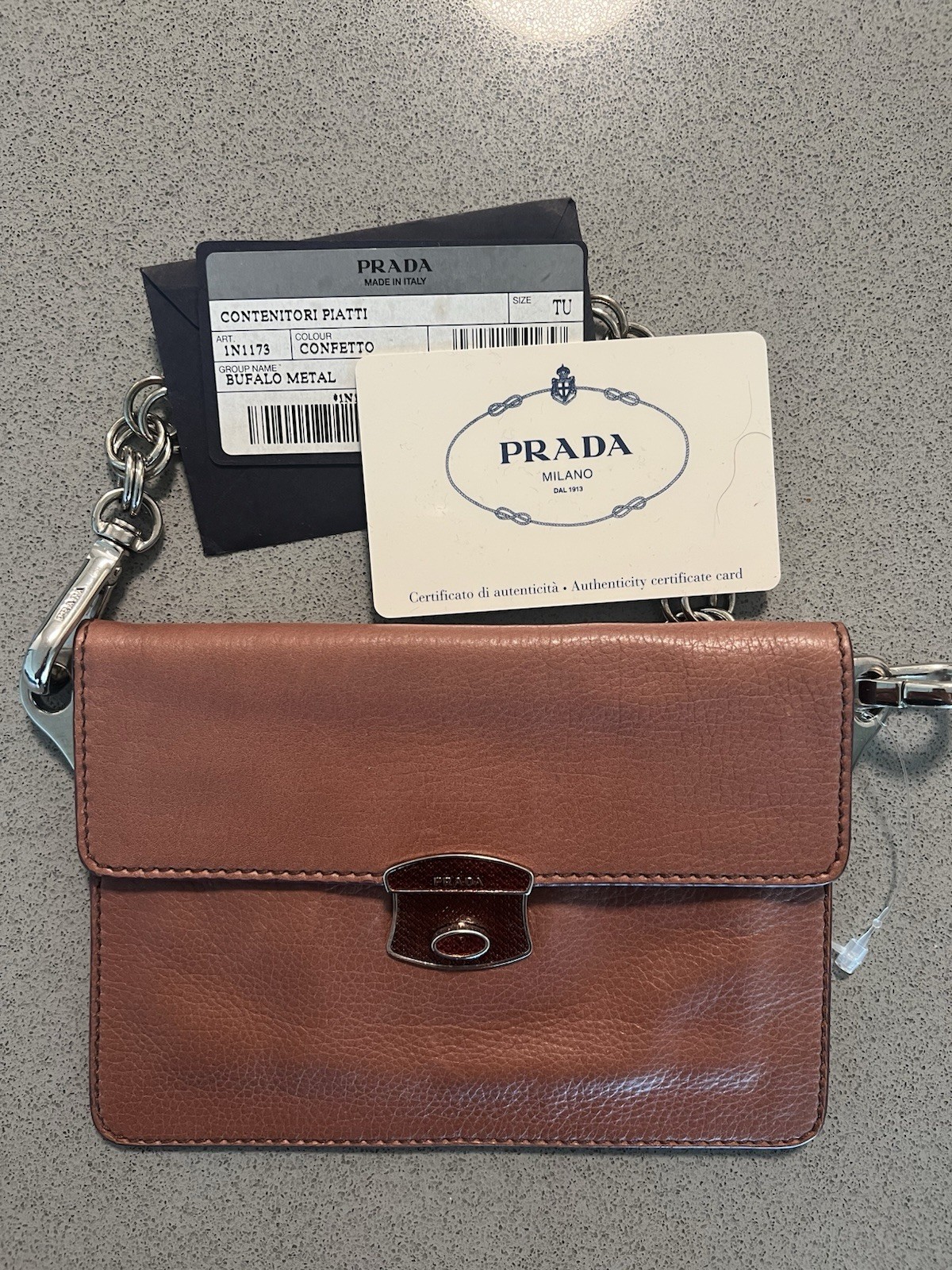 PRADA Clutch Bag Confetto Pink Bufalo Leather Chain Strap w Card Tag. Very Good