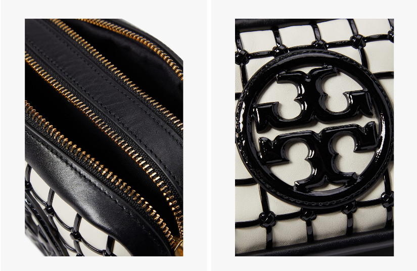 Tory Burch PERRY Bombe Patent Whipstitch Mini Bag Double Zip Black White Leather