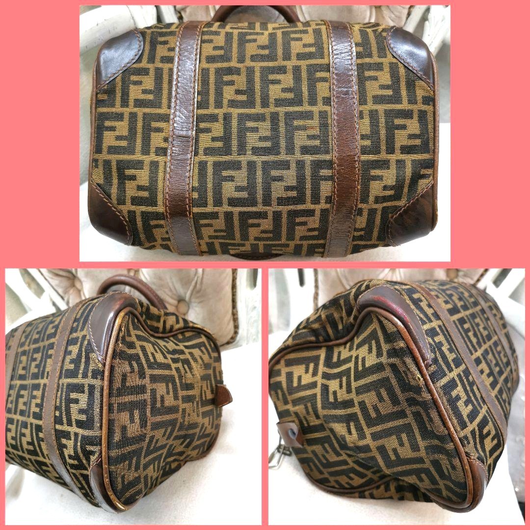 FENDI Zucca FF Monogram Boston Handbag Brown Canvas Leather Vintage Italy 28cm