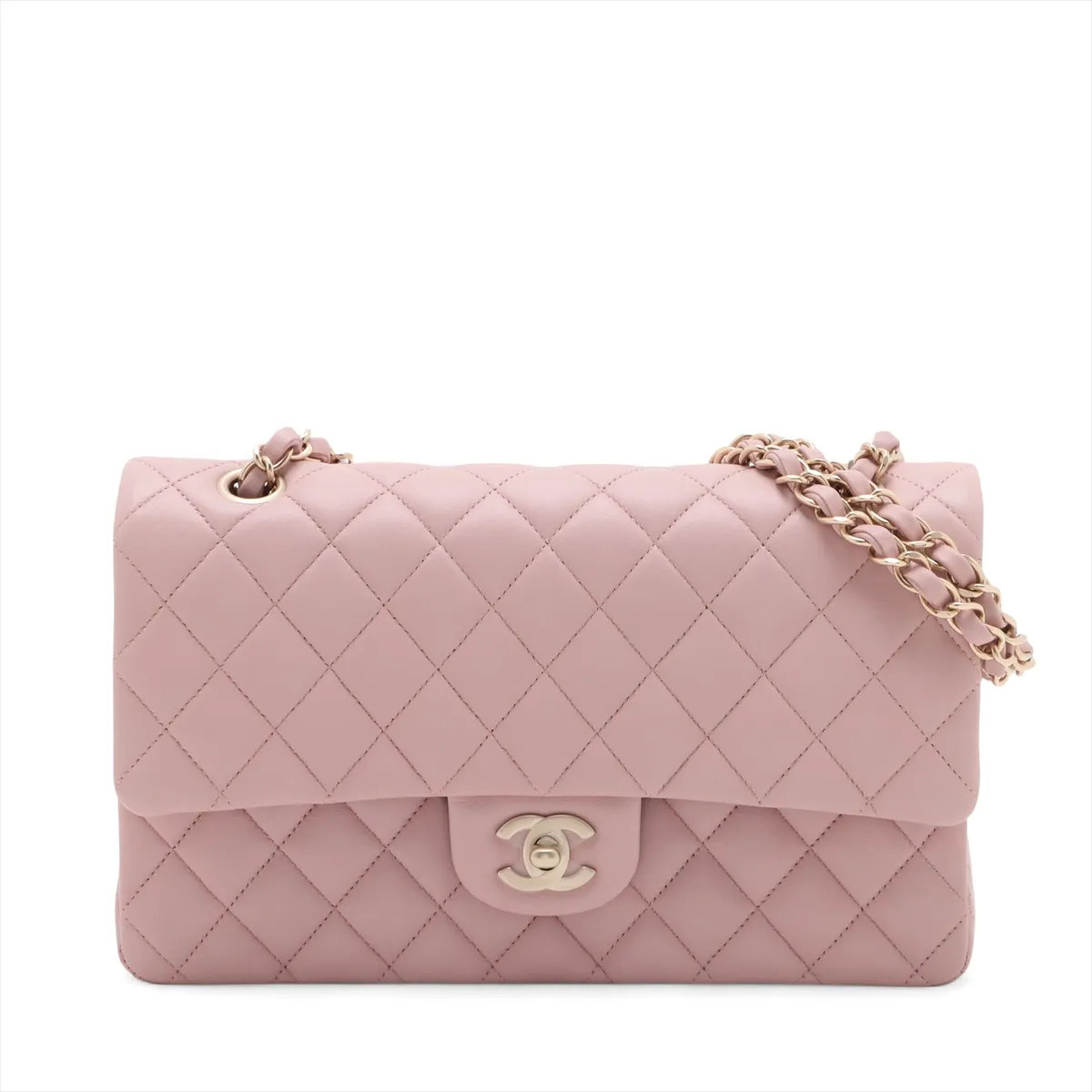 Chanel Matelasse 25 Lambskin Double Flap Double Chain Bag Pink Gold Metal Fittin