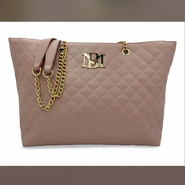 Women’s Pink Quilted Tote Bag Gold Chain Shoulder Strap Logo Accent Solid