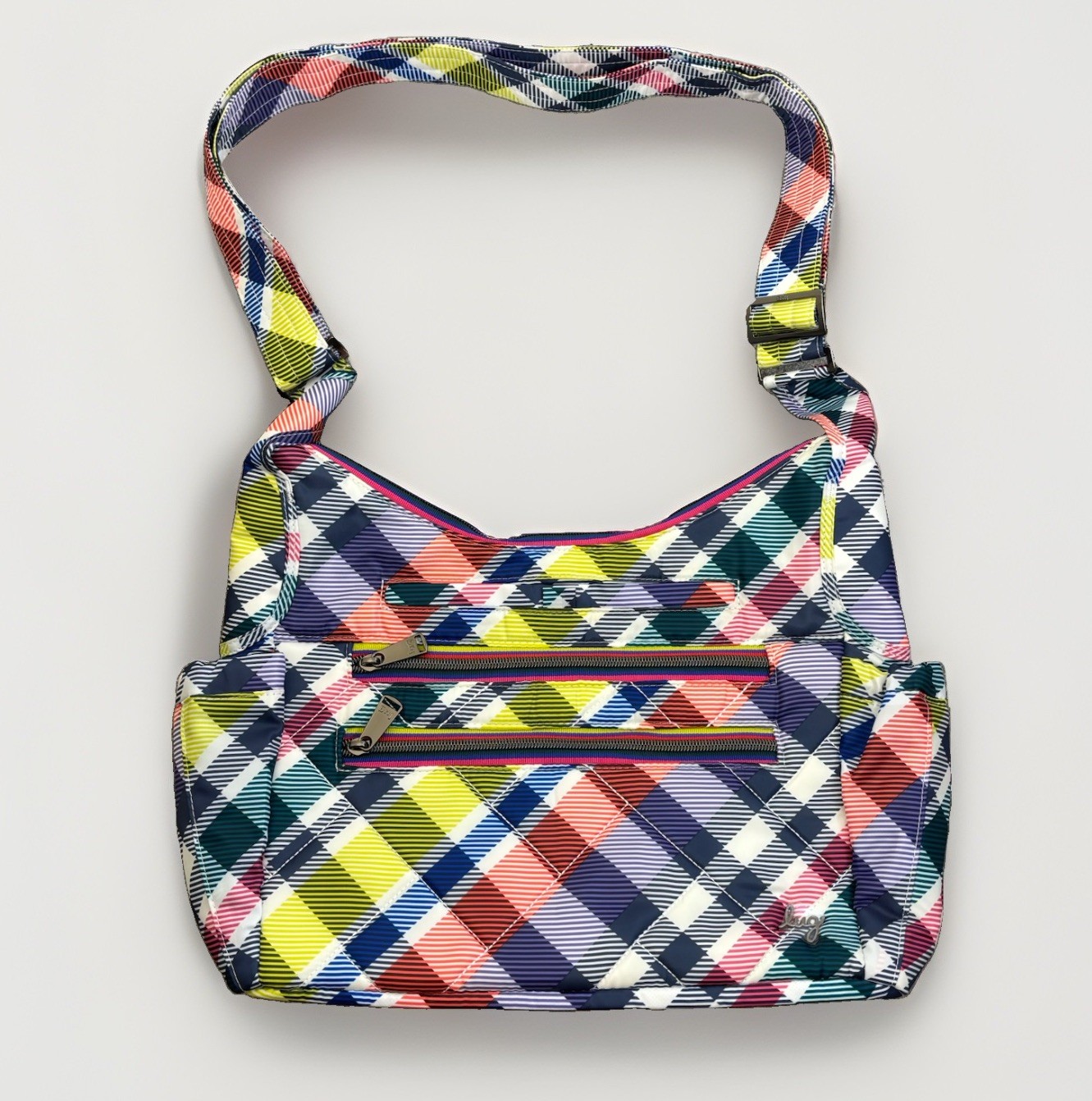 Lug Camper SE Crossbody Bag Multi-Zip Pockets Adjust Strap Quilted Plaid Bright
