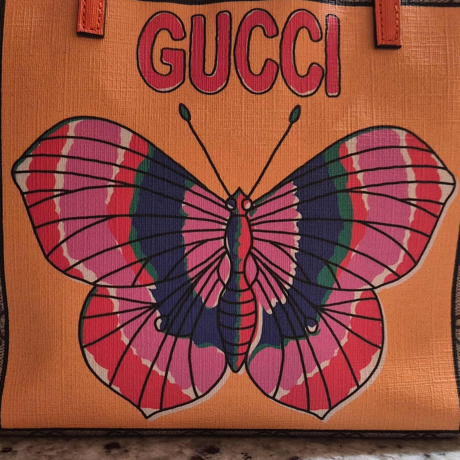 Gucci GG Monogram Butterfly Print Small Tote Bag Orange Leather Double Handles
