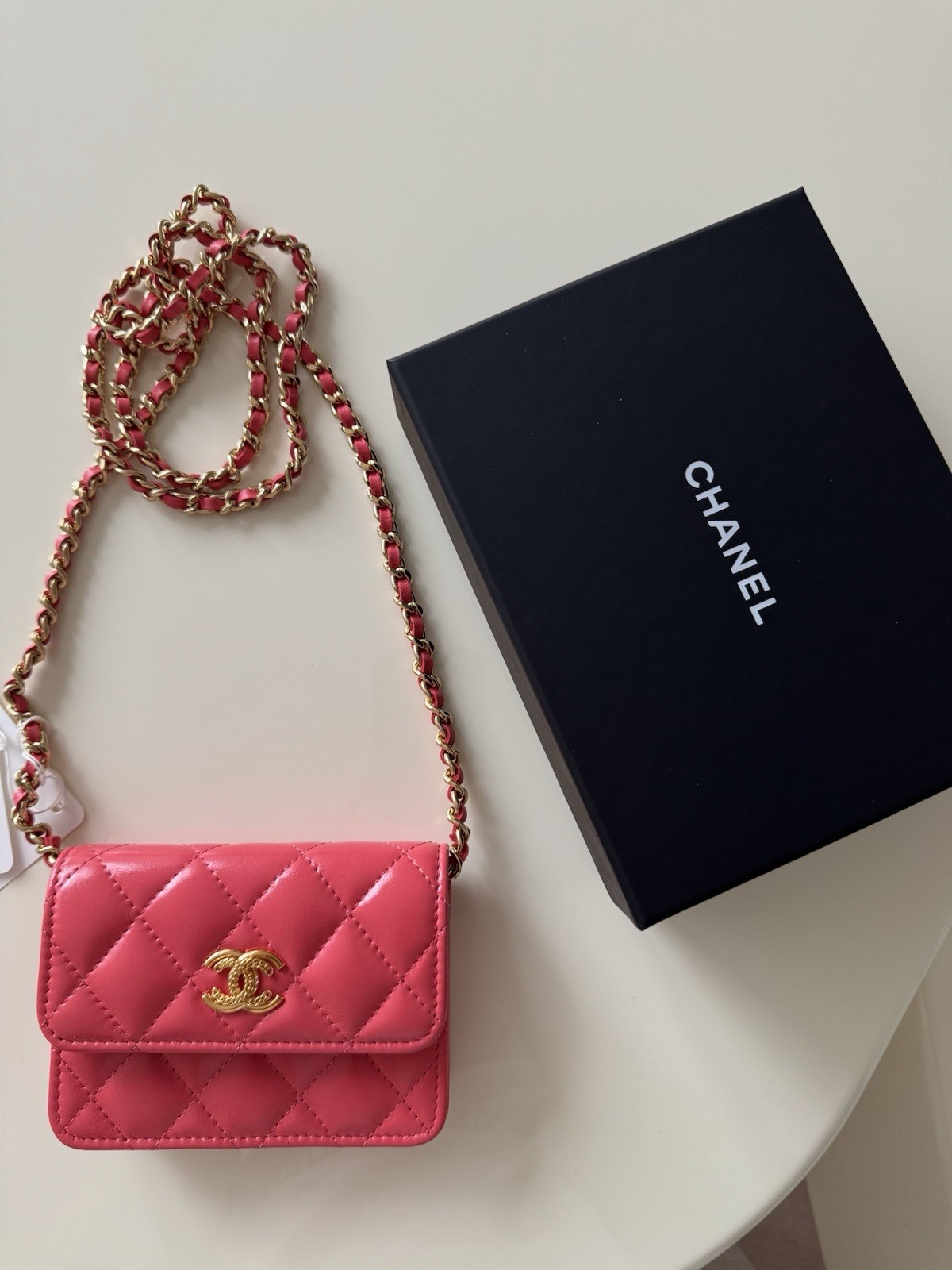 Chanel 25C PINK APRICOT WALLET ON CHAIN BAG WITH GOLD BRASS CC LOGO (NIB)