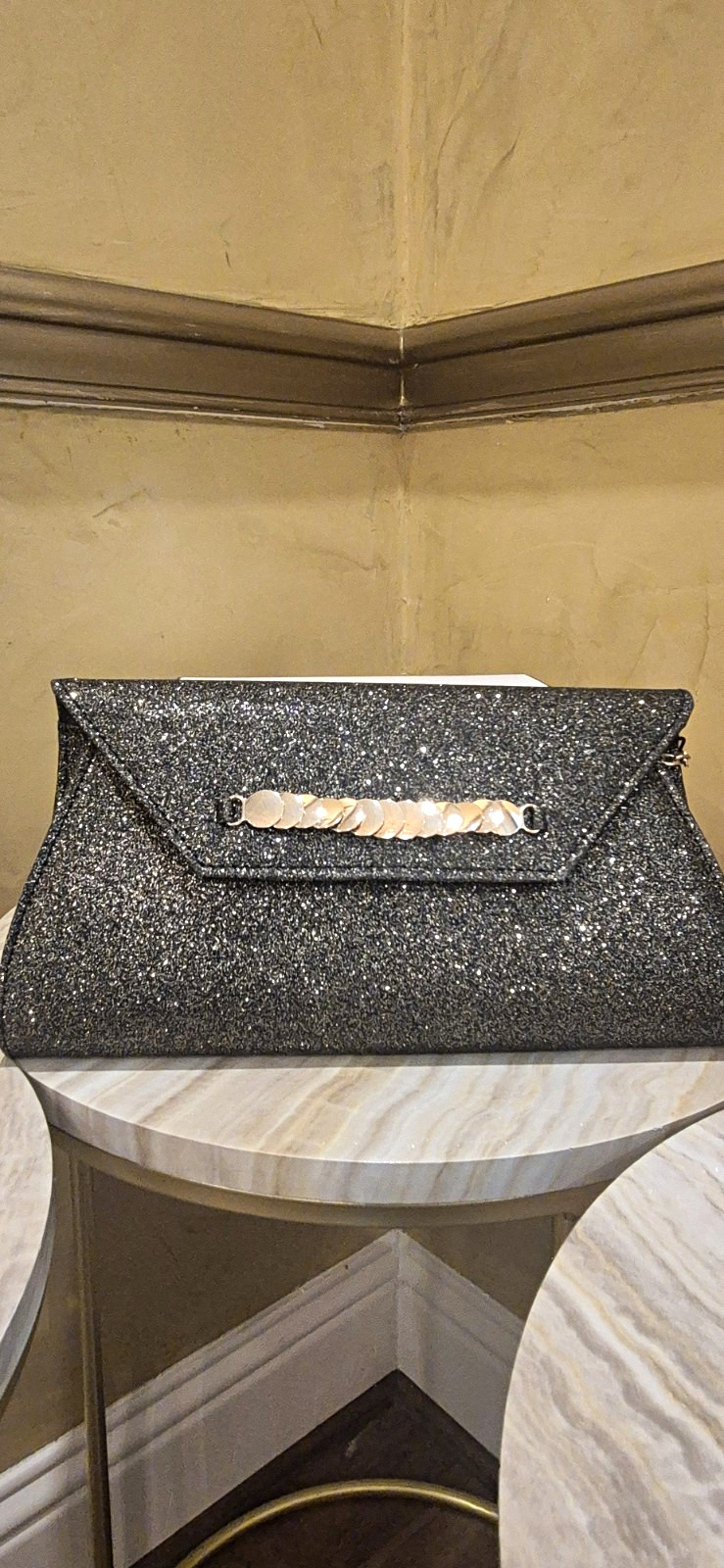 kate Black Glitter Envelope Clutch Purse Gold Chain Strap Magnetic Closure Lined