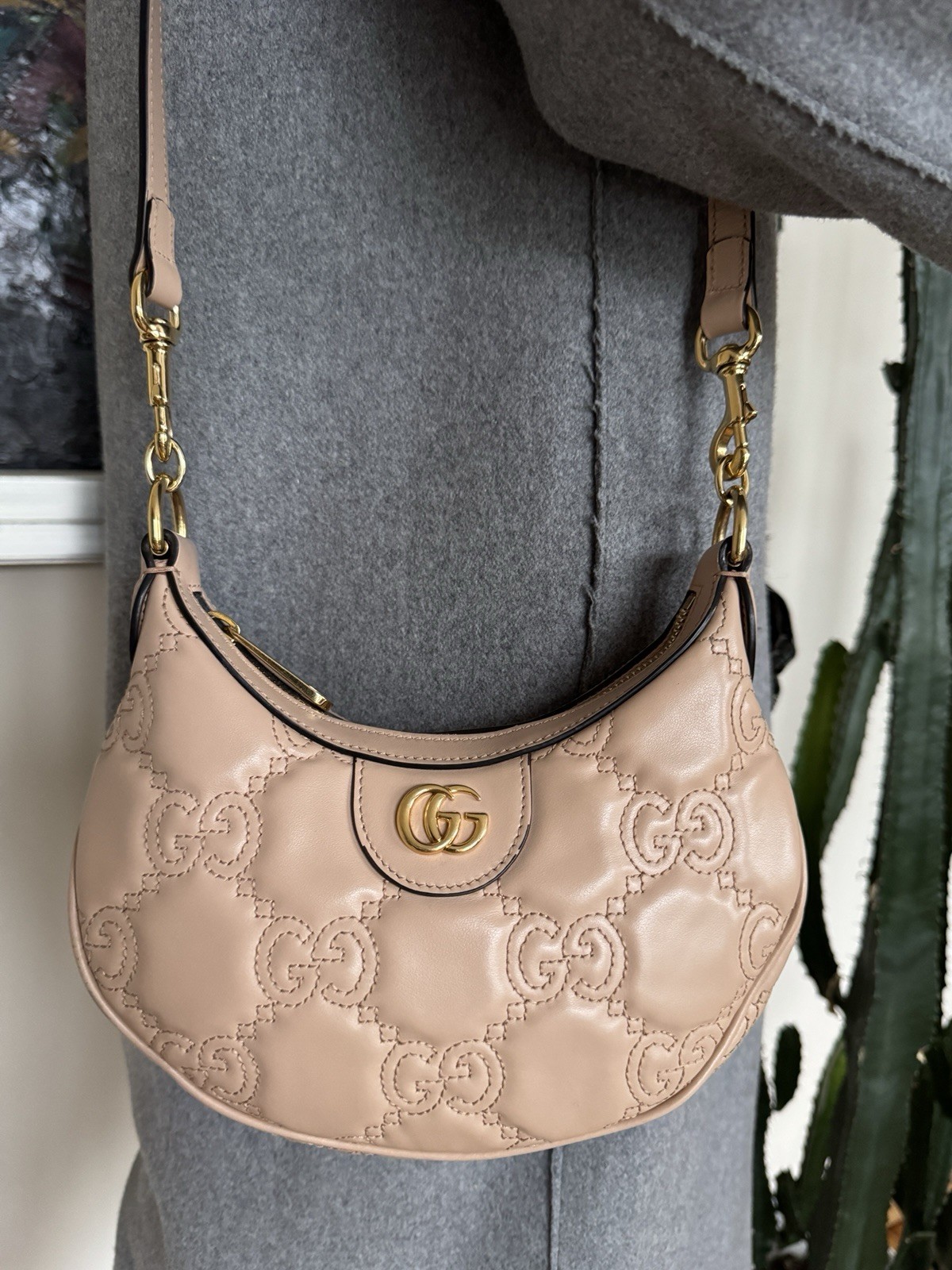 GUCCI 739736 Mini GG Marmont Mantelasse’ Crescent Leather Shoulder Bag Beige