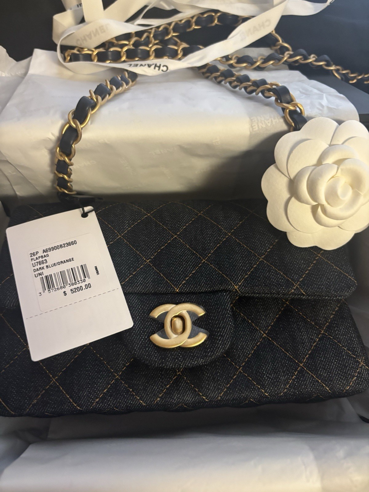 CHANEL Mini Dark Blue Quilted Flap Shoulder Bag, Turn Lock, Gold Chain, Camellia