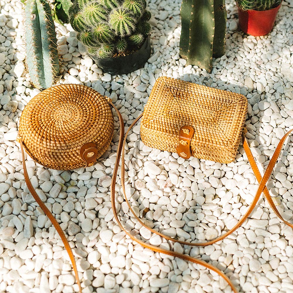 Handwoven Round Rattan Straw Bag- 7.5 x 2.4 Inch Round Bali Crossbody Bag Sum…