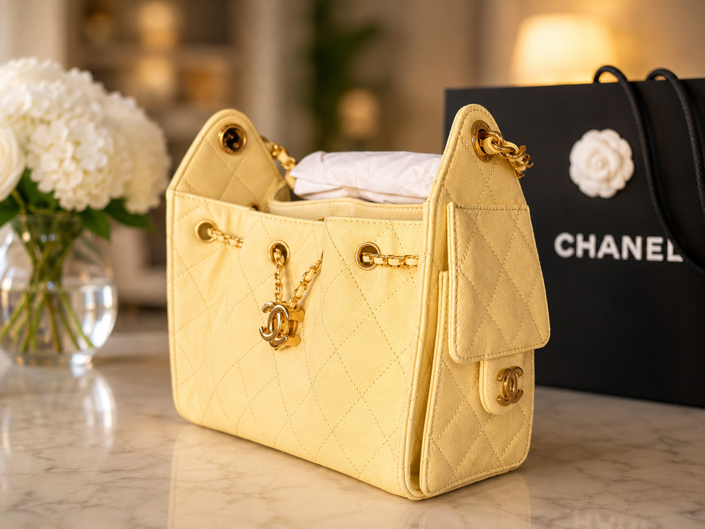 NEW Chanel 25 Mini Hobo Butter Yellow Caviar Gold HW Full Set Box, Bag, Receipt
