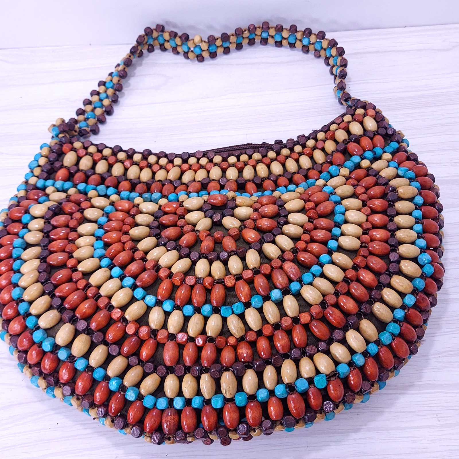 Wood Beaded Boho Purse Shoulder Bag Earth Tones Multi Color Browns Turquoise