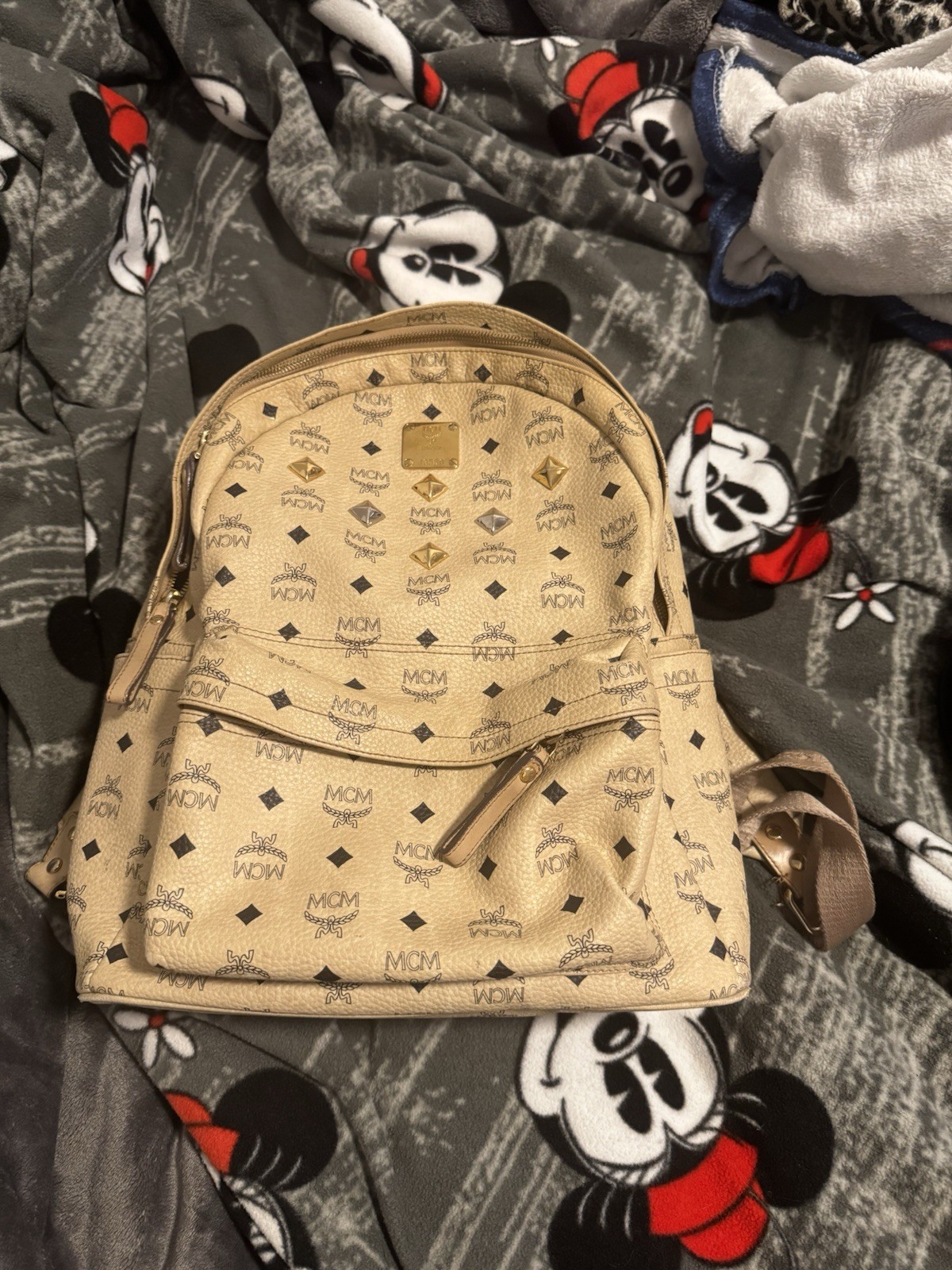 MCM Beige Studded Logo Backpack with Adjustable Strap, Dust Bag & Brand Card