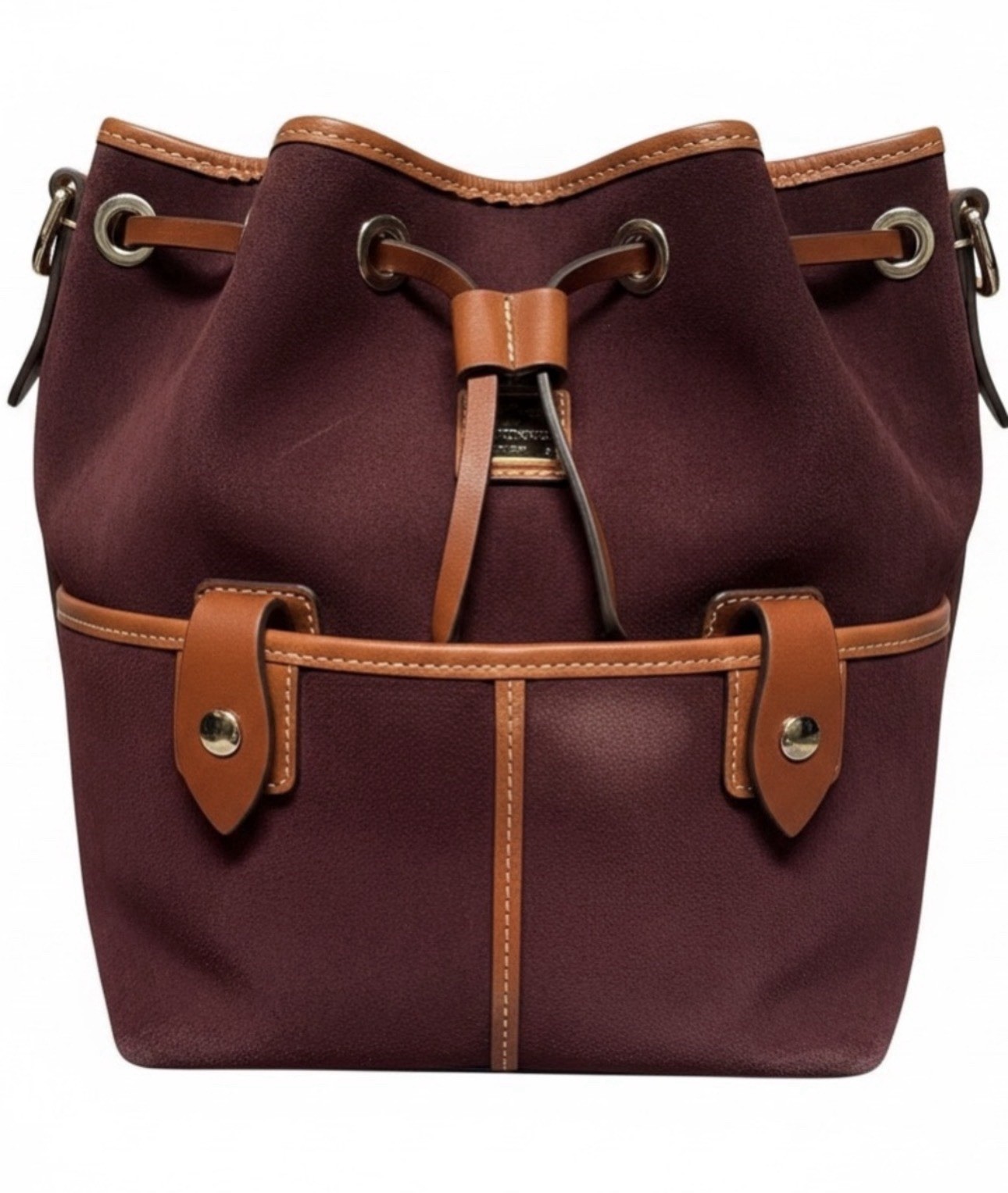 Dooney & Bourke Burgundy Bucket Drawstring Crossbody Bag Suede Leather Trim