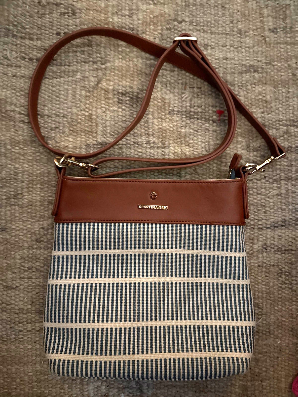 Spartina 449 Crossbody Bag Blue & Cream Striped w/ Brown Leather Zip NWOT
