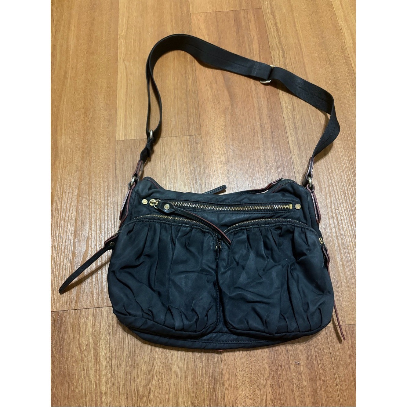 MZ Wallace Paige Black Crossbody Nylon Purse Pink Interior 13×9 In Many Pockets