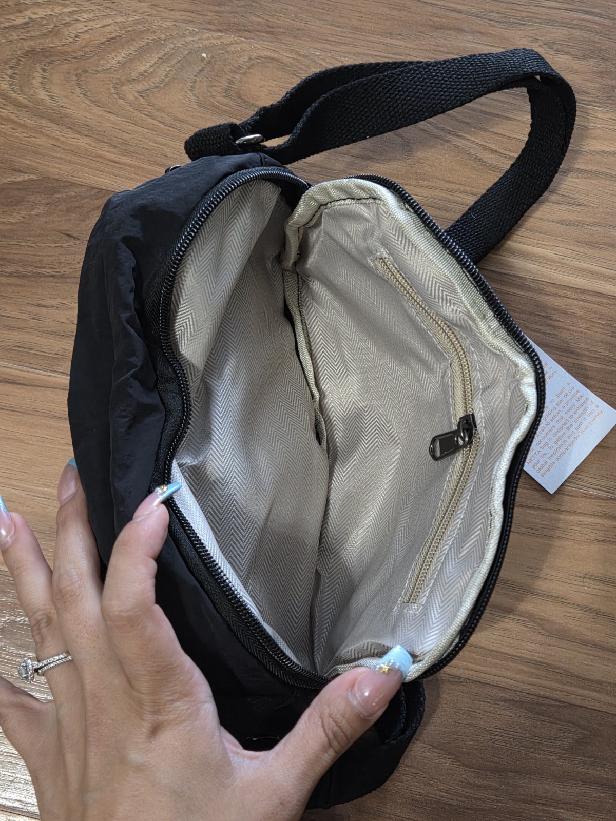 MANETTA Black W Tan Small Crossbody Bag Zip Closure Beige Lined Adjustable