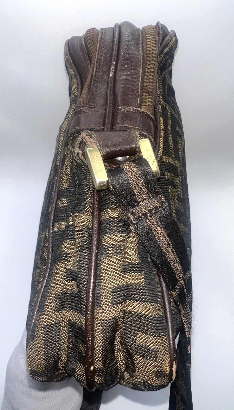 Fendi Zucca Canvas Leather Shoulder Bag Brown Authentic