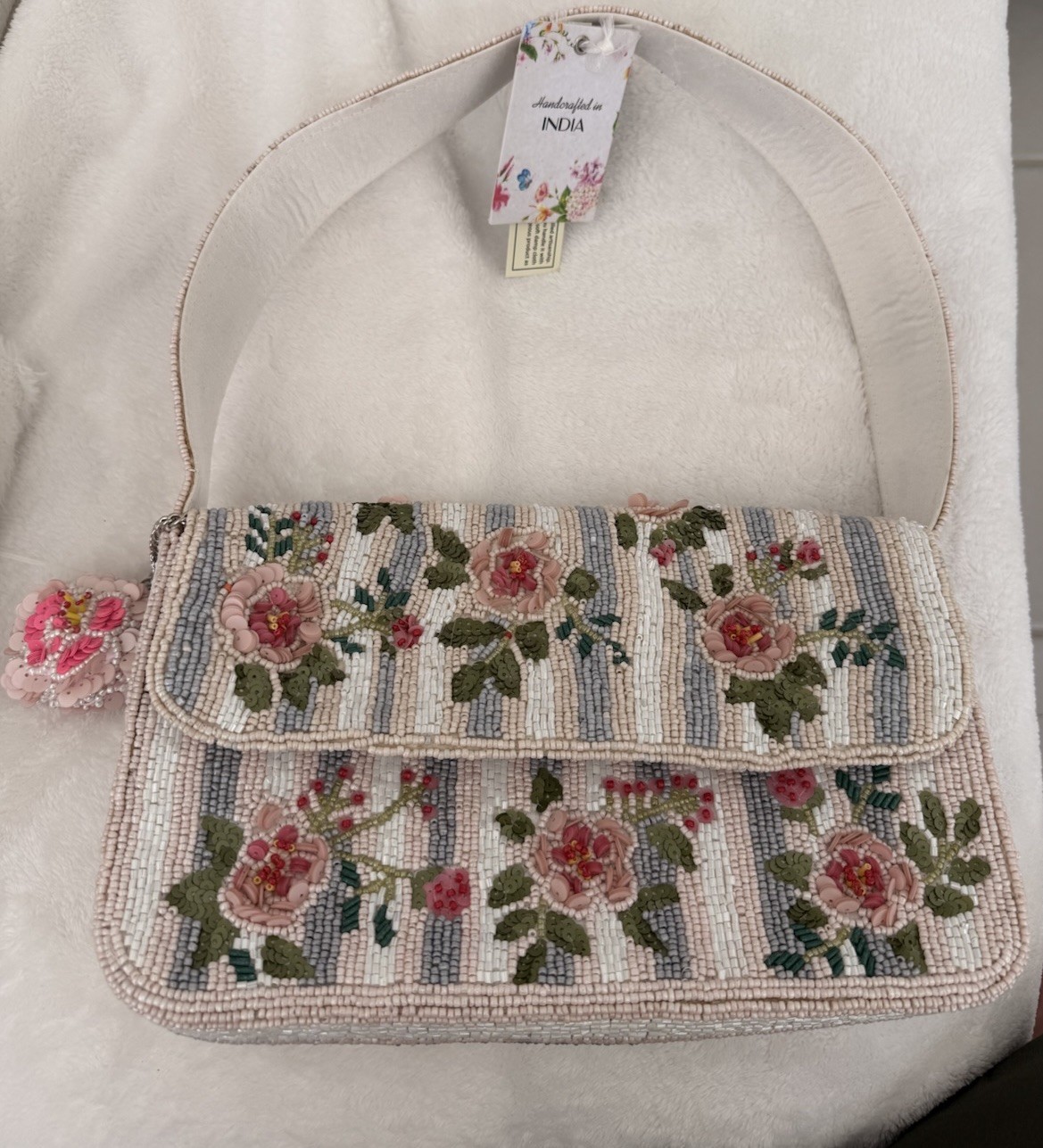 Handcrafted In India Pink Flower Rose Beaded Bag With Charm Viral NWT