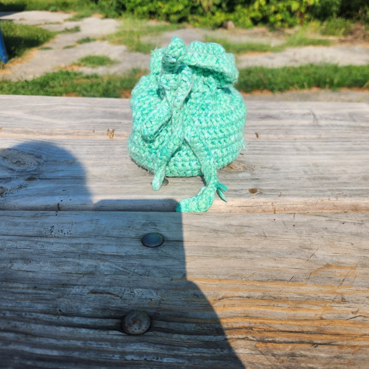 Handmade Green Crochet Drawstring Pouch Bucket Bag, Small Round Wrist Strap