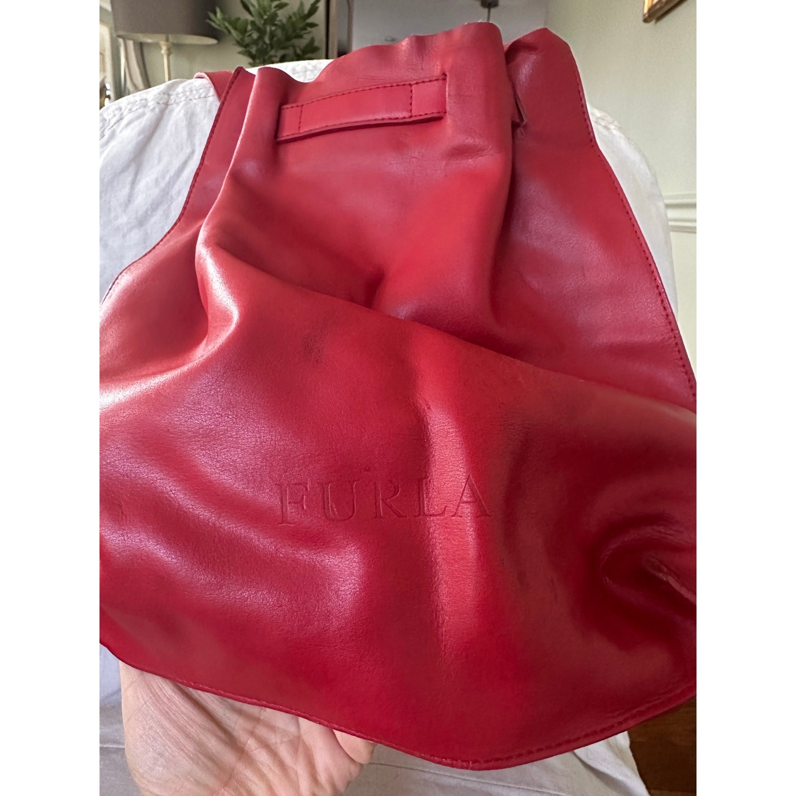 Vintage Furla Red Leather Backpack Italy minimalist drawstring 13×12” bag
