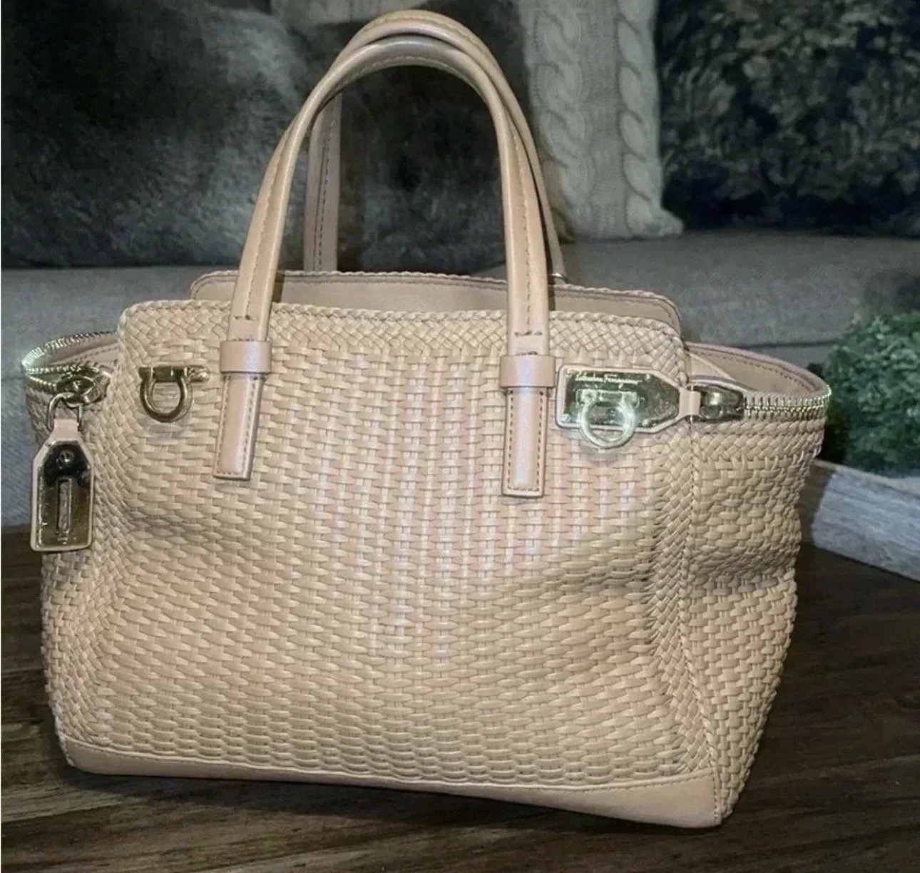 SALVATORE FERRAGAMO Woven, Designer Luxury Handbag, Camel, Leather Purse