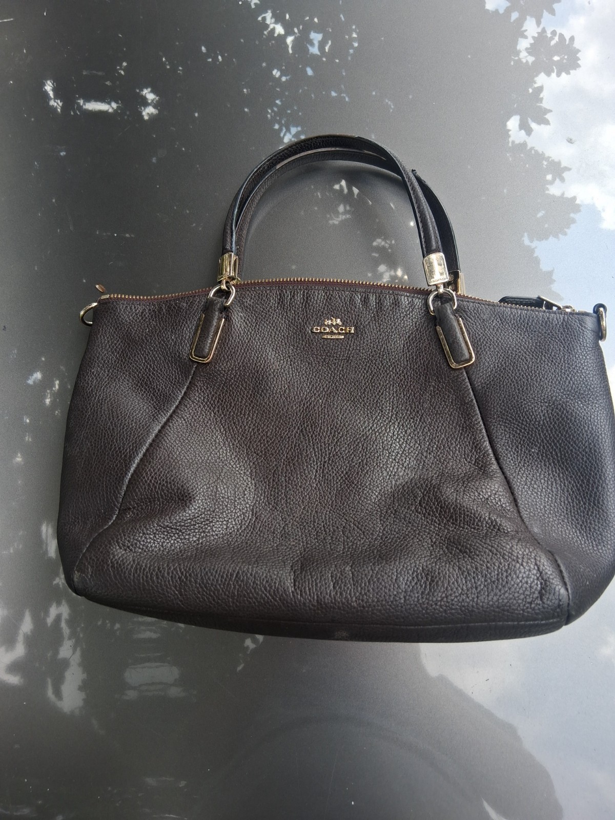 Coach Dark Brown Pebbled Satchel Top Handle Zip Gold Hardware Detachable Strap