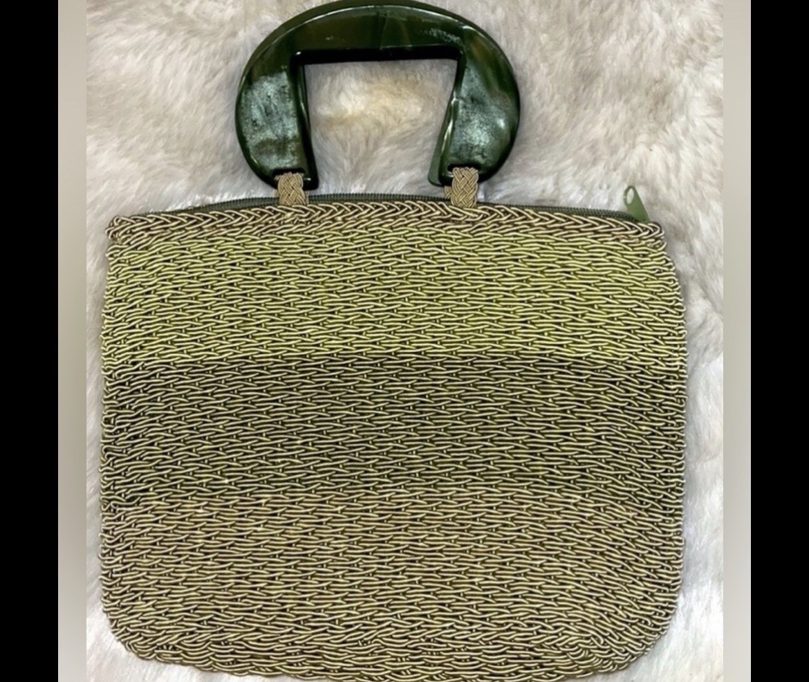 Crochet Works handbag, Green marbled Resin Handles, woven ombré greens. Llining.