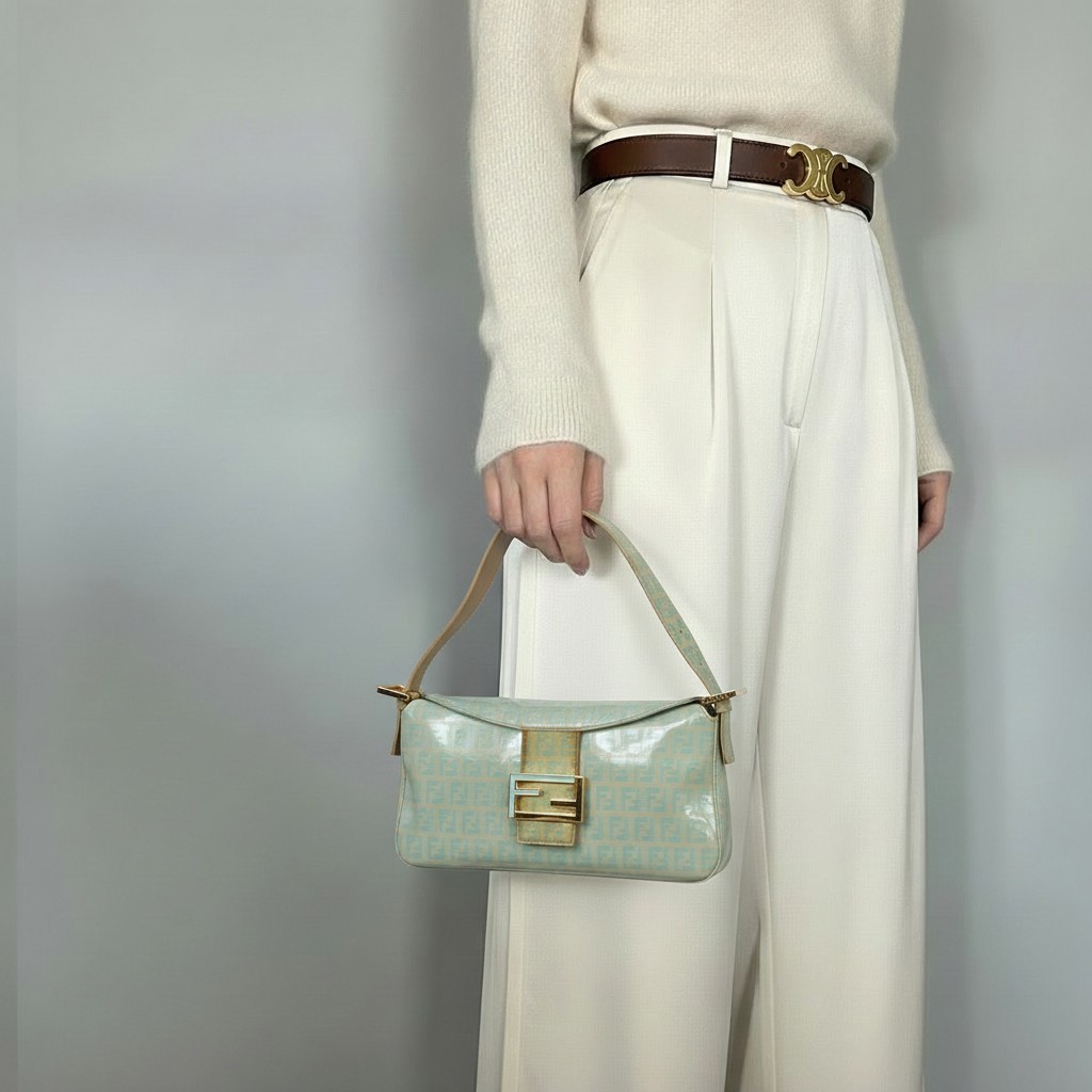 FENDI Mamma Baguette Shoulder Bag Light Blue Coated Canvas