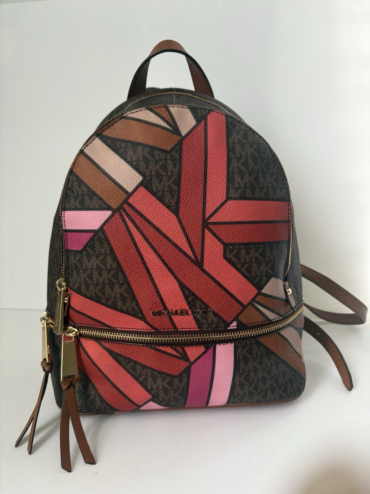 Michael Kors Rhea Backpack Brown leather Multi MK Signature Logo As IS