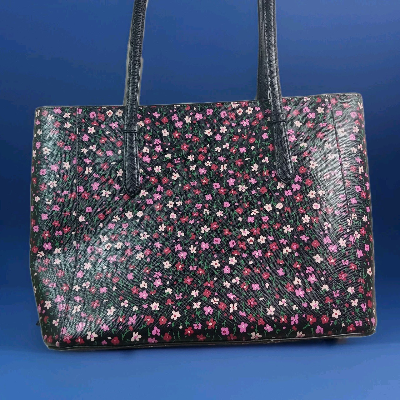 *Kate Spade* Med/lg. Tote~black With Pink Floral Pattern 12″x 11″ X 5.75″ EC