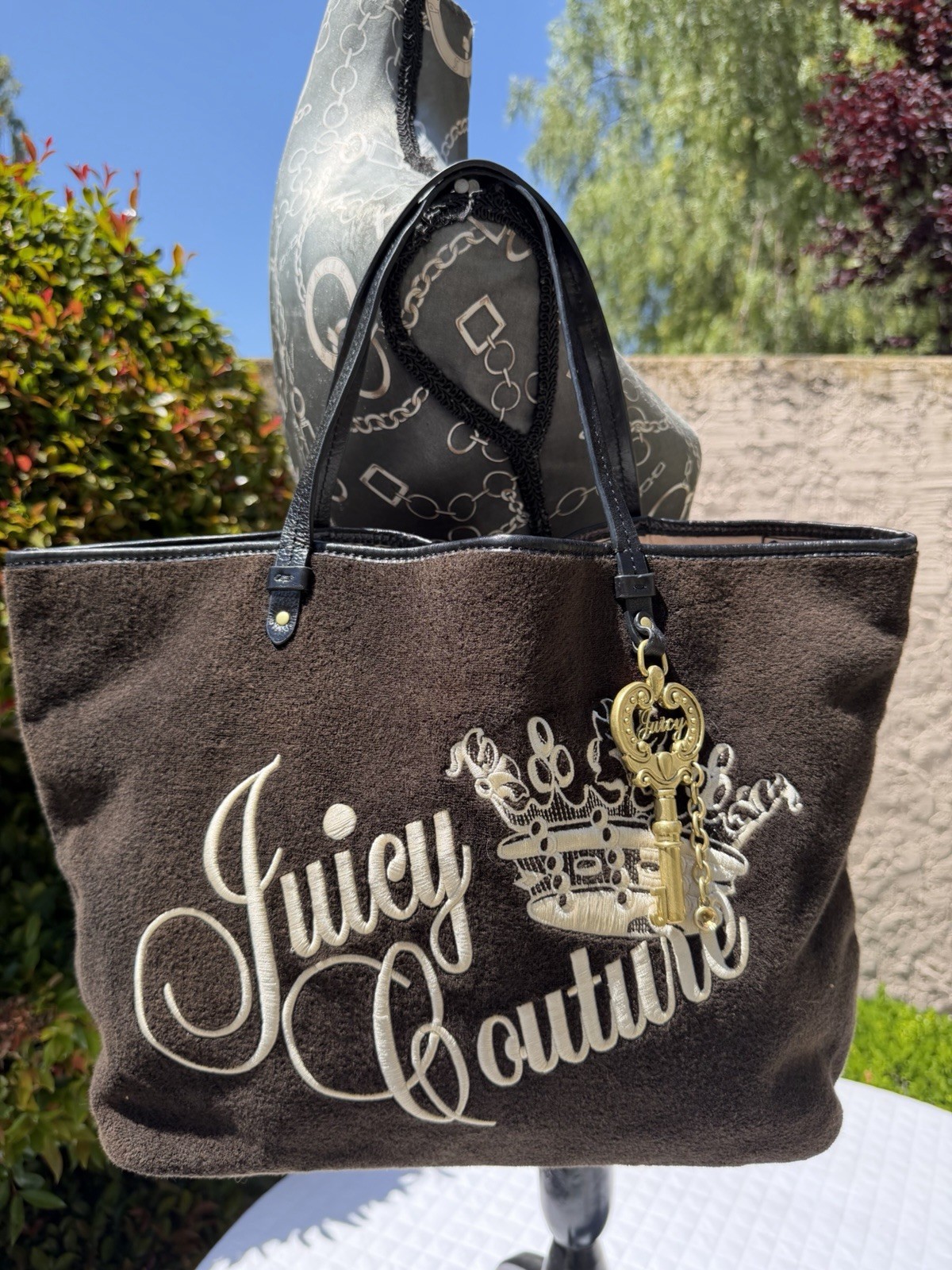 Vintage Y2K Juicy Couture Brown & Black Velour Tote Bag Charm Crown Cursive Logo