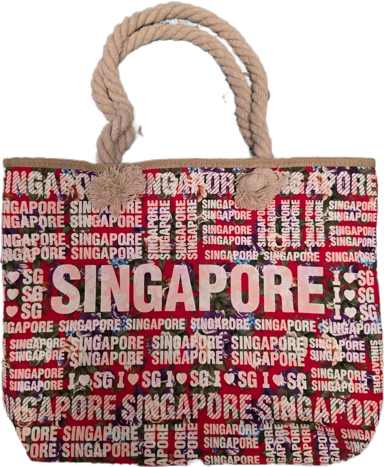 Singapore Souvenir Tote Bag Floral Beach Canvas Rope Handle Cottagecore Travel