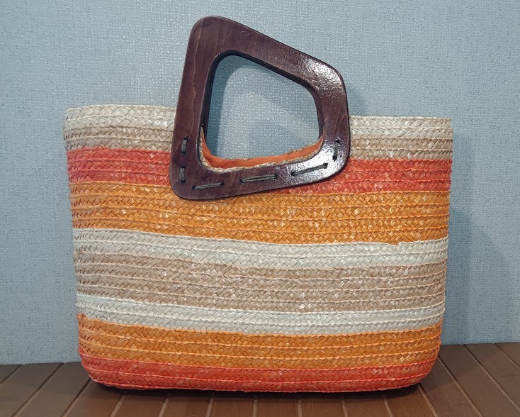 Sun N’ Sand Multi-Color Orange Wicker Basket Bag with Brown Wood Handles