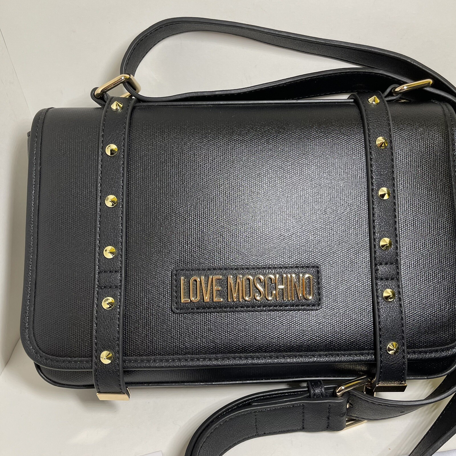 New Love Moschino Designer Nero Borsa Canvas Crossbody Black Gold Purse Handbag