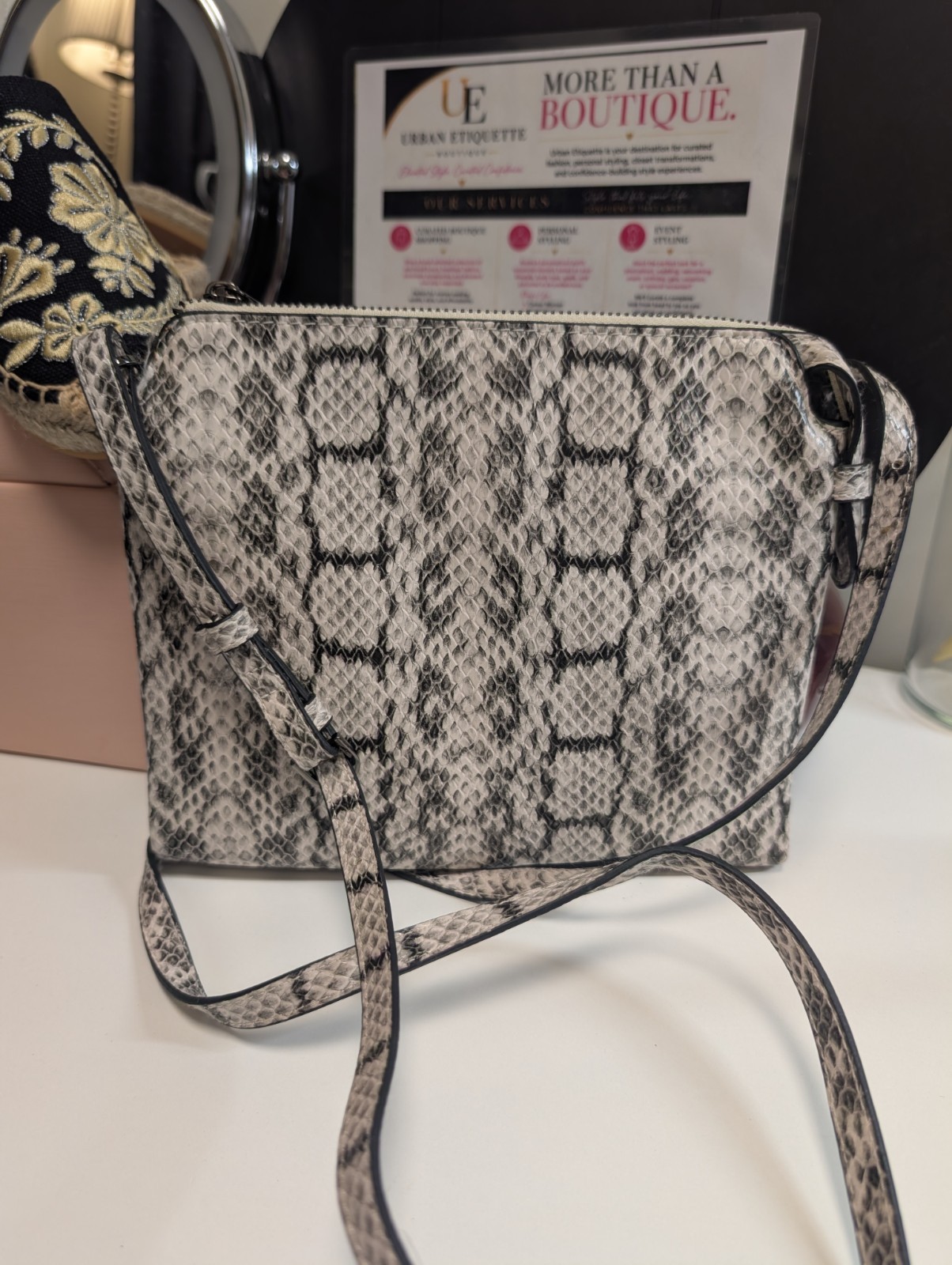 Women’s Gray/Black Snake Animal Print Rectangle Crossbody Bag, Zip, Silver