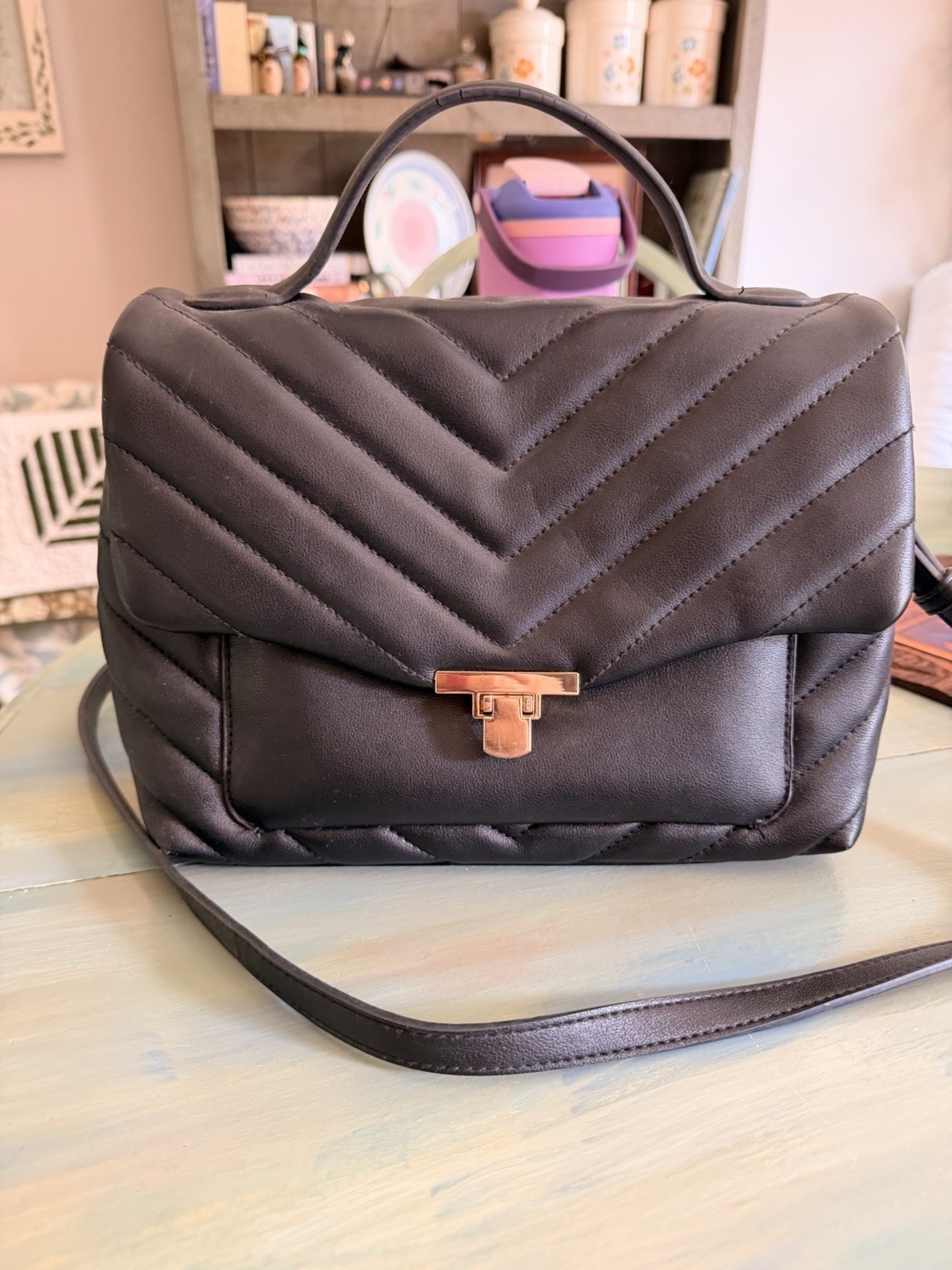 Black Quilted Target Satchel Top Handle Turn Lock Gold, Detachable Strap