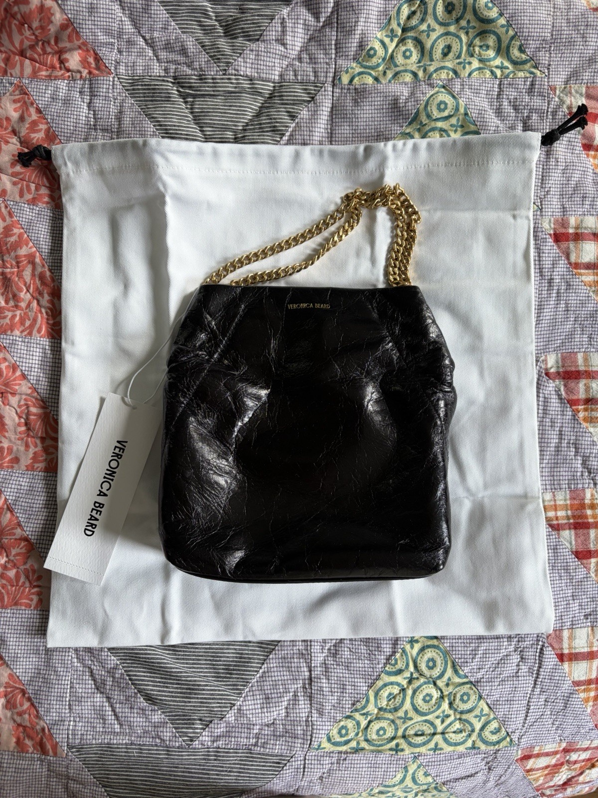 Veronica Beard Small Black Crinkled Shoulder Bag Gold Chain Magnetic + Dust Bag