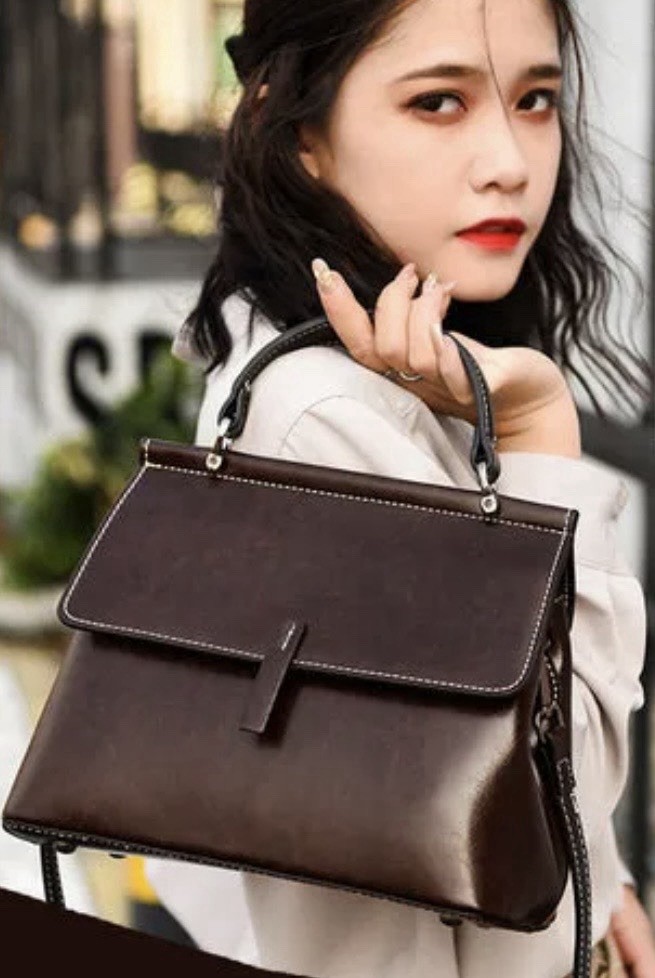 Structured Top Handle Black Leather Satchel Purse Bag Minimalist Quiet Luxury