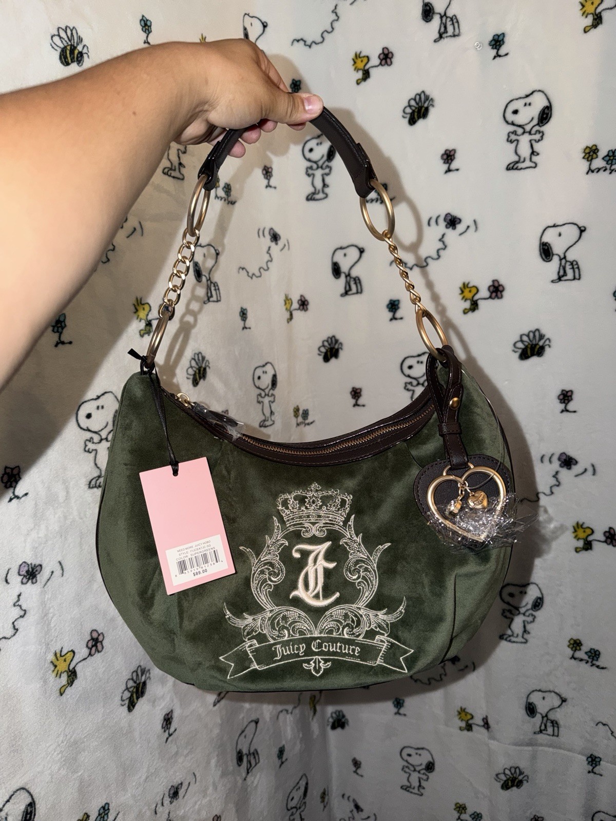 Juicy Couture Green y2k Shoulder Bag Gold Chain Heart Charm Zip Lined