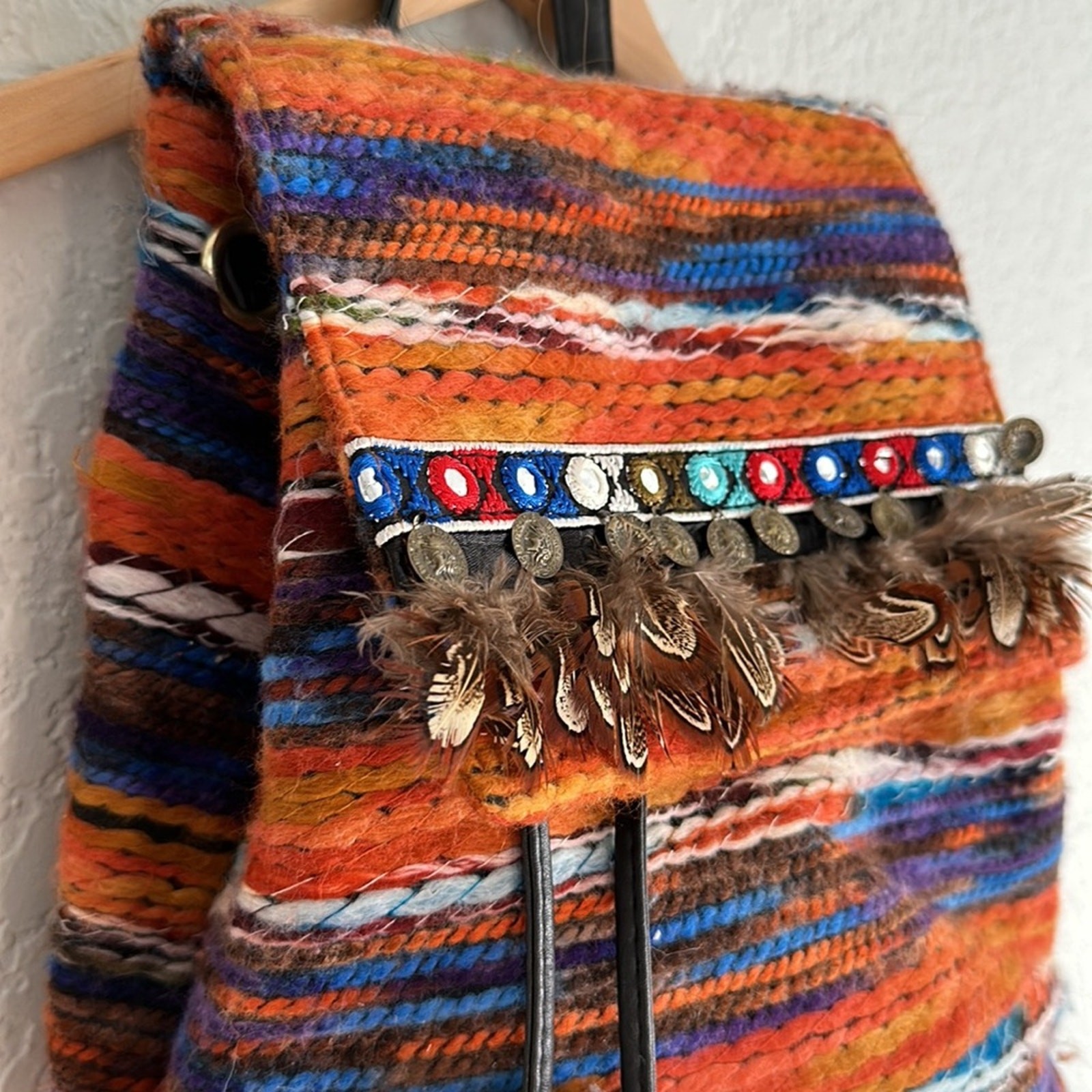 Southwestern Rug Backpack Feathers Coins Embroidered Boho Western Wild West 13″