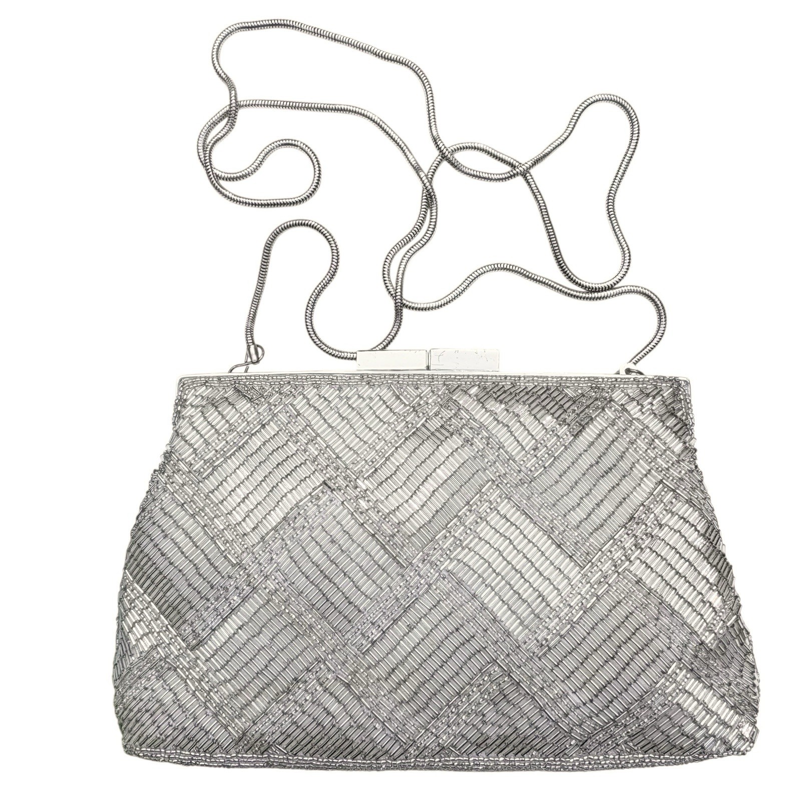 VTG 90s NYE Carla Marchi Silver Hand Beaded Shoulder Bag Evening Clutch Purse