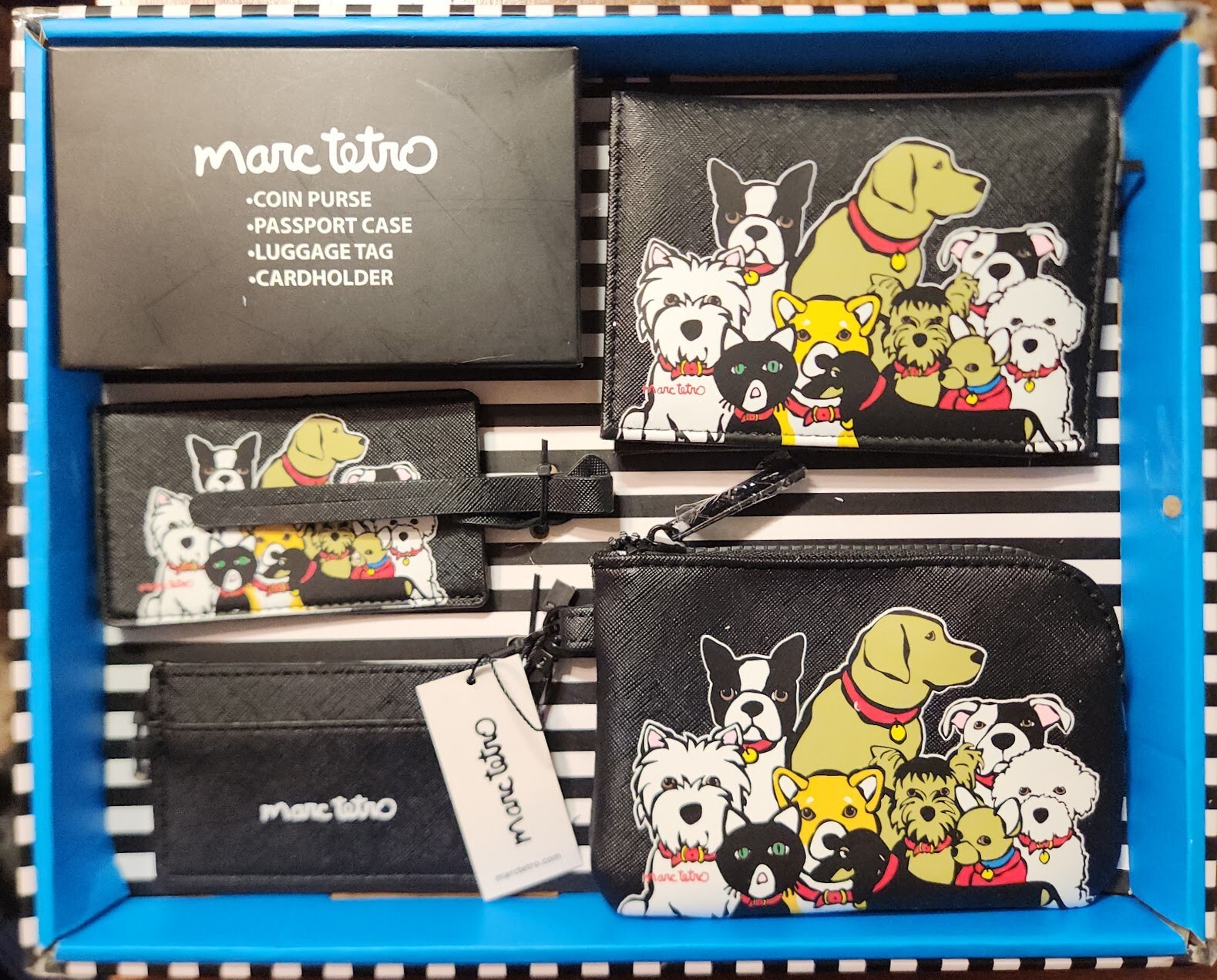 Marc Tetro Dog Theme Black Travel Set Pouch Luggage Tag Cardholder Passport NIB