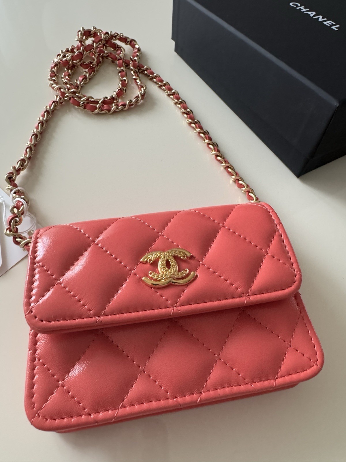 Chanel 25C PINK APRICOT WALLET ON CHAIN BAG WITH GOLD BRASS CC LOGO (NIB)