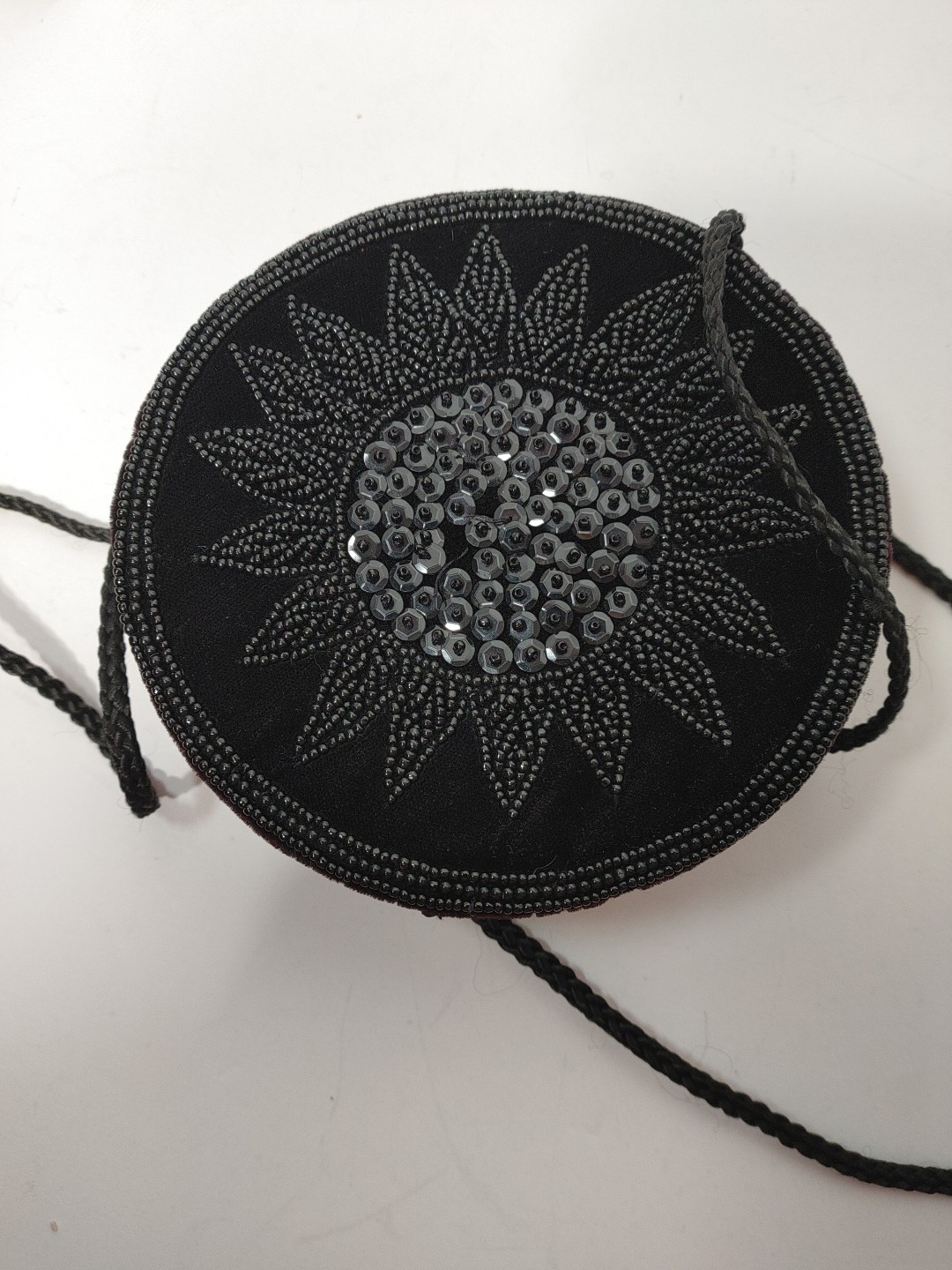 6 Inch Round Beaded Black Purse