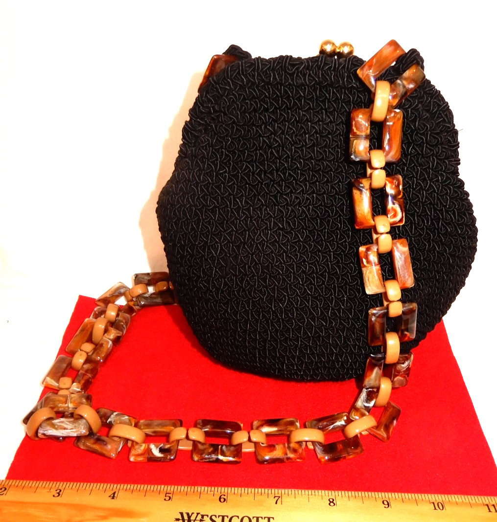 Vintage Style Purse of Black Knit w/Gold Clasp – 29″ Tortoise Color Chain- Italy